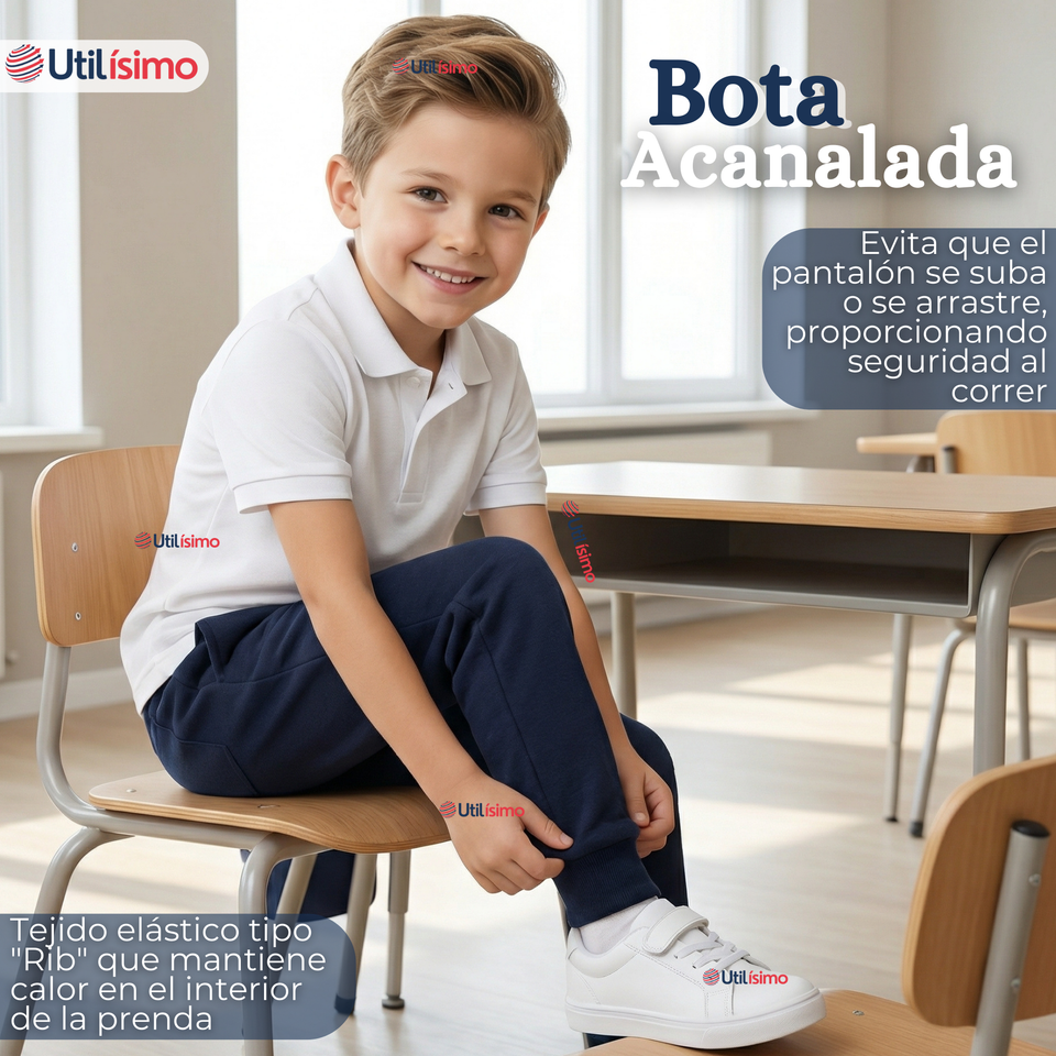 Pack 3 Buzos Pantalones Escolares Niño Unisex 100% Algodón Azul Bota Acanalada 3 a 16 años