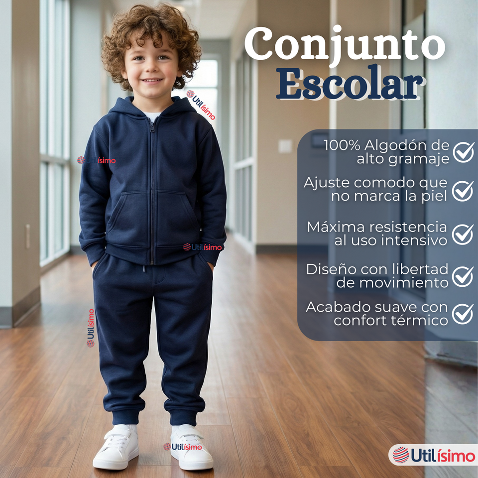 Conjunto Escolar Buzo Pantalón Y Polerón 100% Algodón Unisex Niños Azul 3 a 16 años