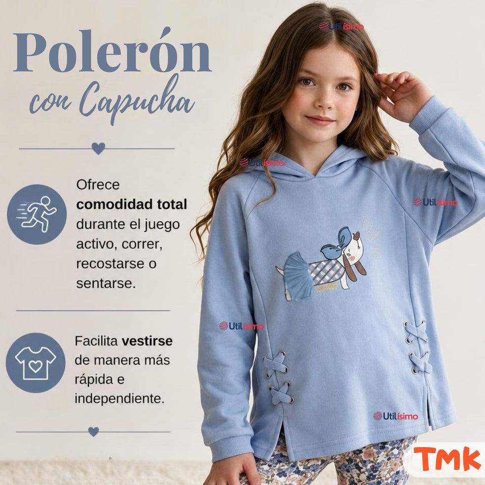 Conjunto 2 Piezas Polerón con Capucha y Buzo 100% Algodón Niña Tedmimak Blue Puppy