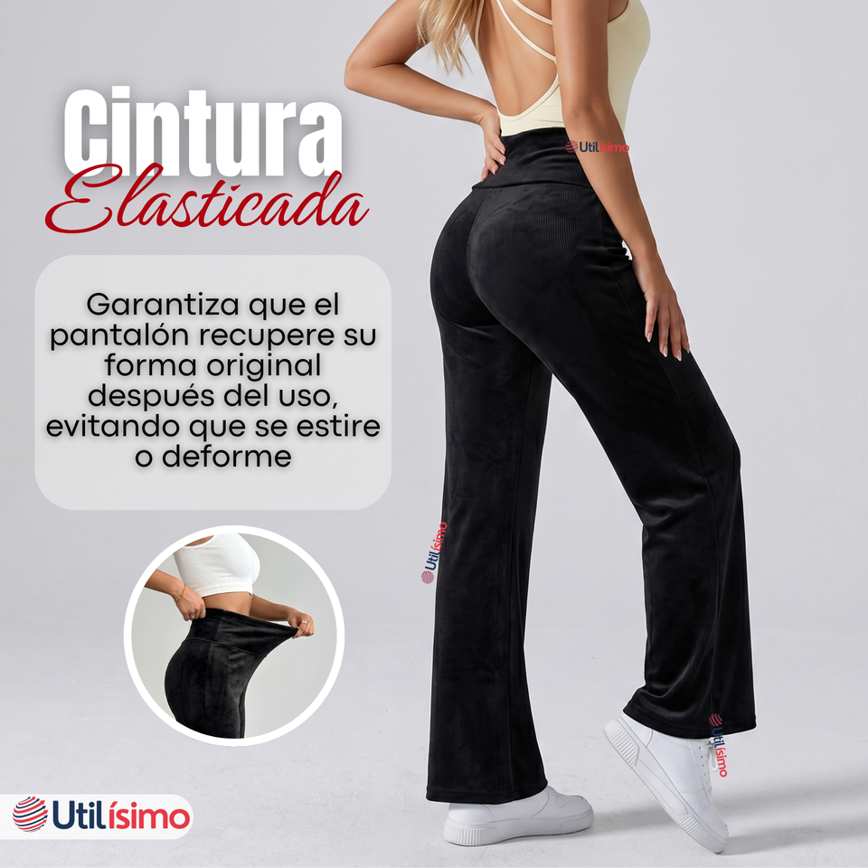 Pantalón Cotelé Palazzo Polar Con Chiporro Elasticado Térmico Negro