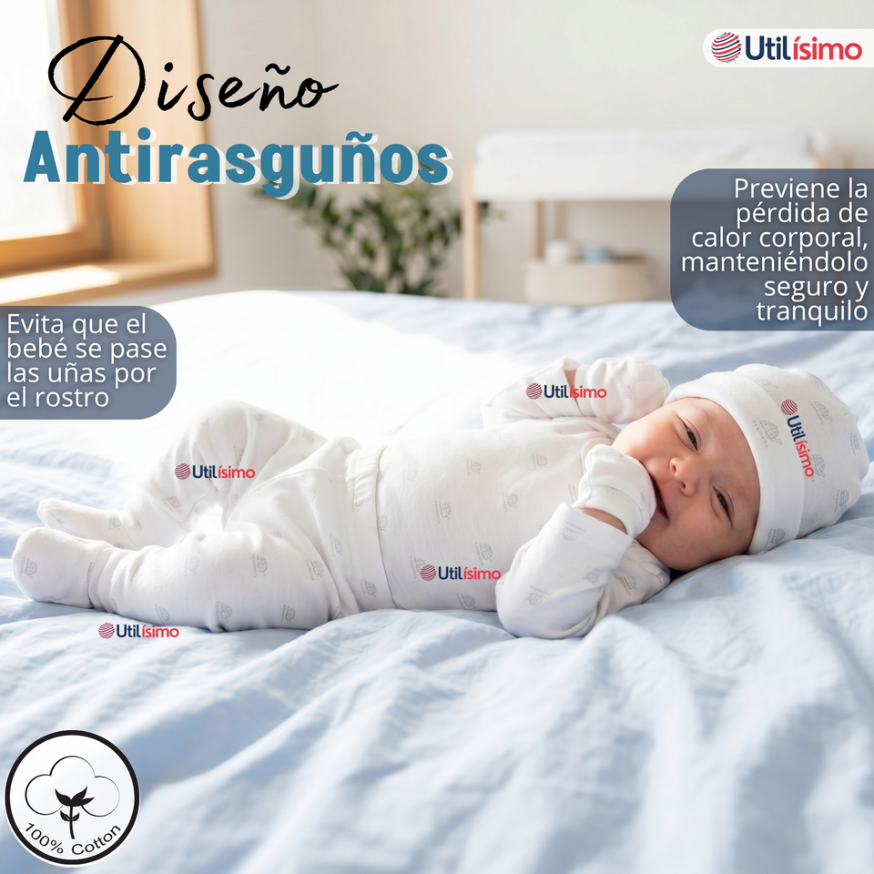 Conjunto Set 5 Piezas Body Camiseta Panty Gorro Manoplas Algodón Bebé Niño