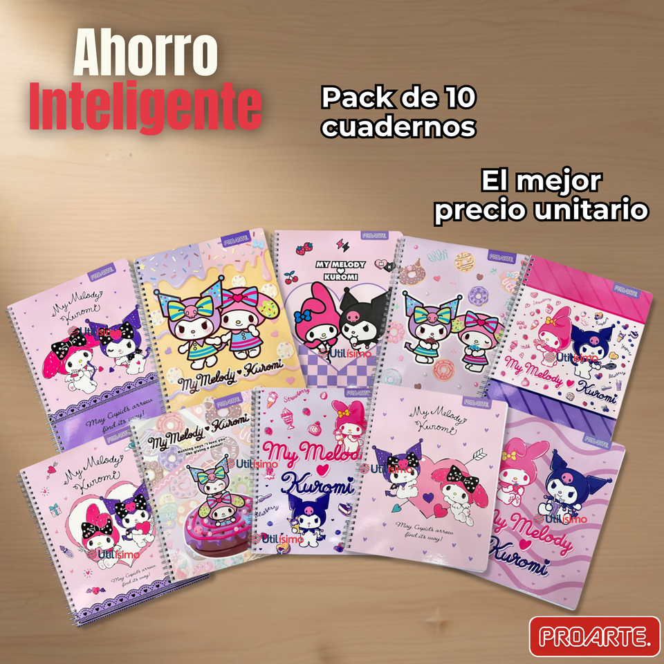 Pack 10 Cuadernos Universitario My Melody & Kuromi Proarte 7mm 100 Hojas Diseños Surtidos