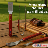 Kit Parrillero 3 Piezas Pinza Espátula Tenedor Para Asados Mango Madera Acero Inoxidable
