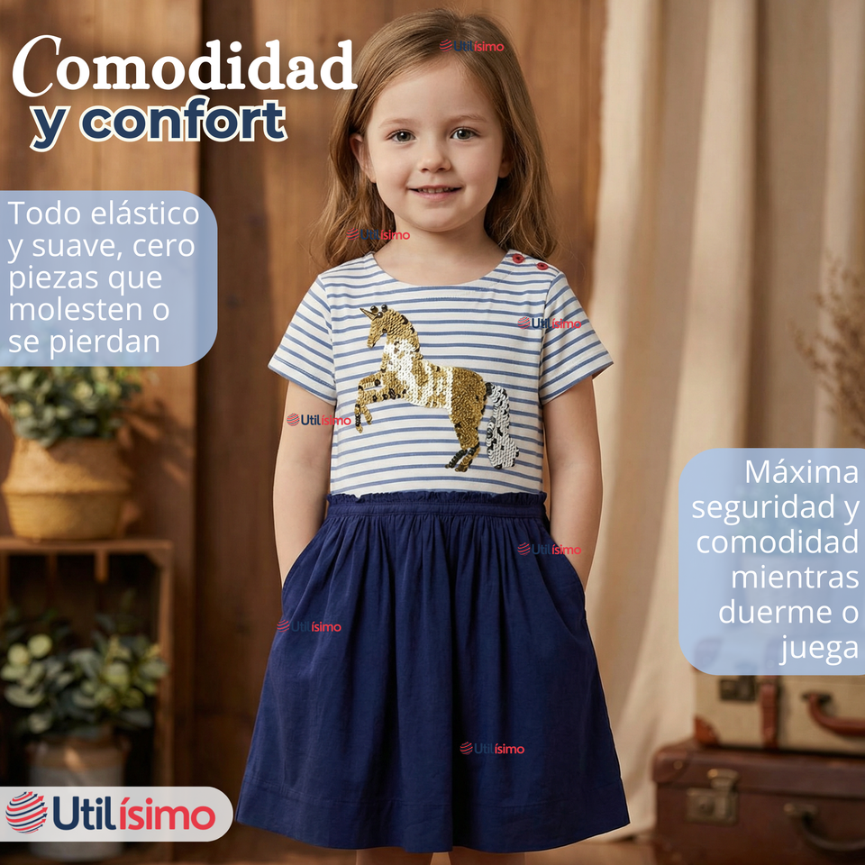 Vestido Manga Corta Casual Azul Unicornio Lentejuela Verano Niña 2 a 7 años