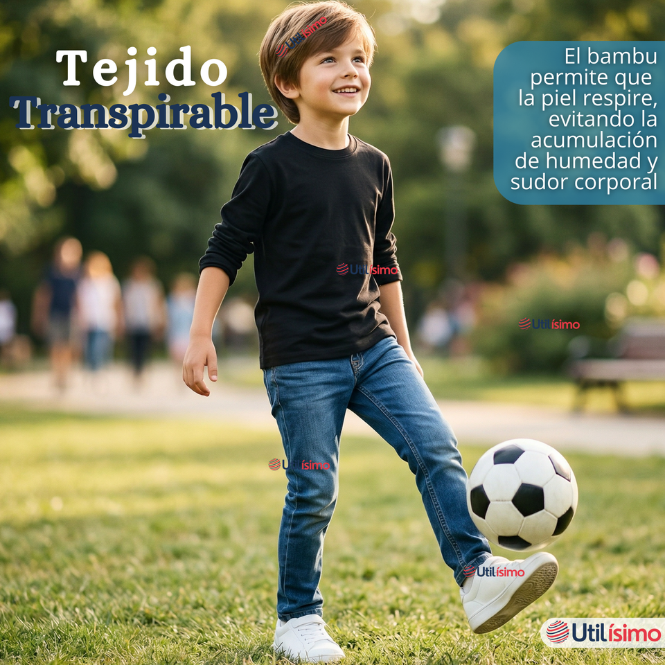Pack 3 Poleras Camisetas Bambú Negra Cuello Redondo Primera Capa Manga Larga Niño
