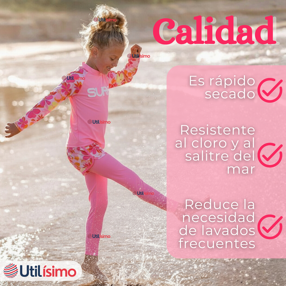 Traje de Baño Manga Larga Pantalón Largo Pantalón Corto 3 Piezas Corte Split Niña 3 a 11 años Pink Flowers
