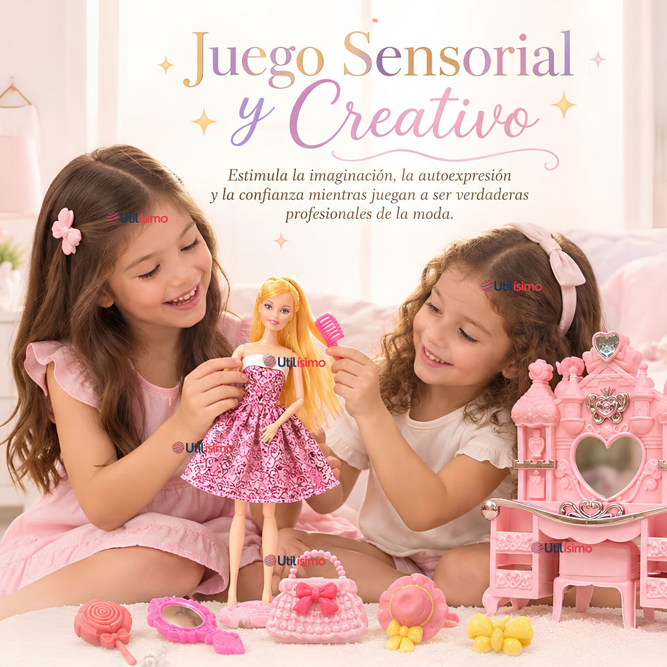 Juguete Muñeca Fashion Articulada Tocador y Accesorios