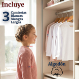 Pack 3 Camisetas Algodón Manga Larga Polera Primera Capa Blanco Niña