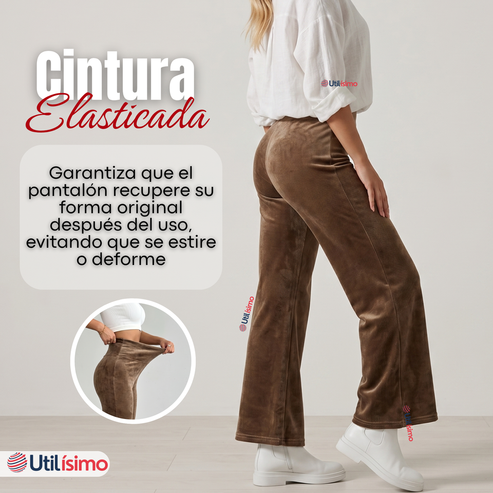 Pantalón Cotelé Palazzo Polar Con Chiporro Elasticado Térmico Café