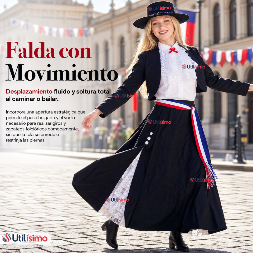 Traje Huasa Elegante Negro Juvenil Conjunto 7 Piezas Tipico Fiestas Patrias