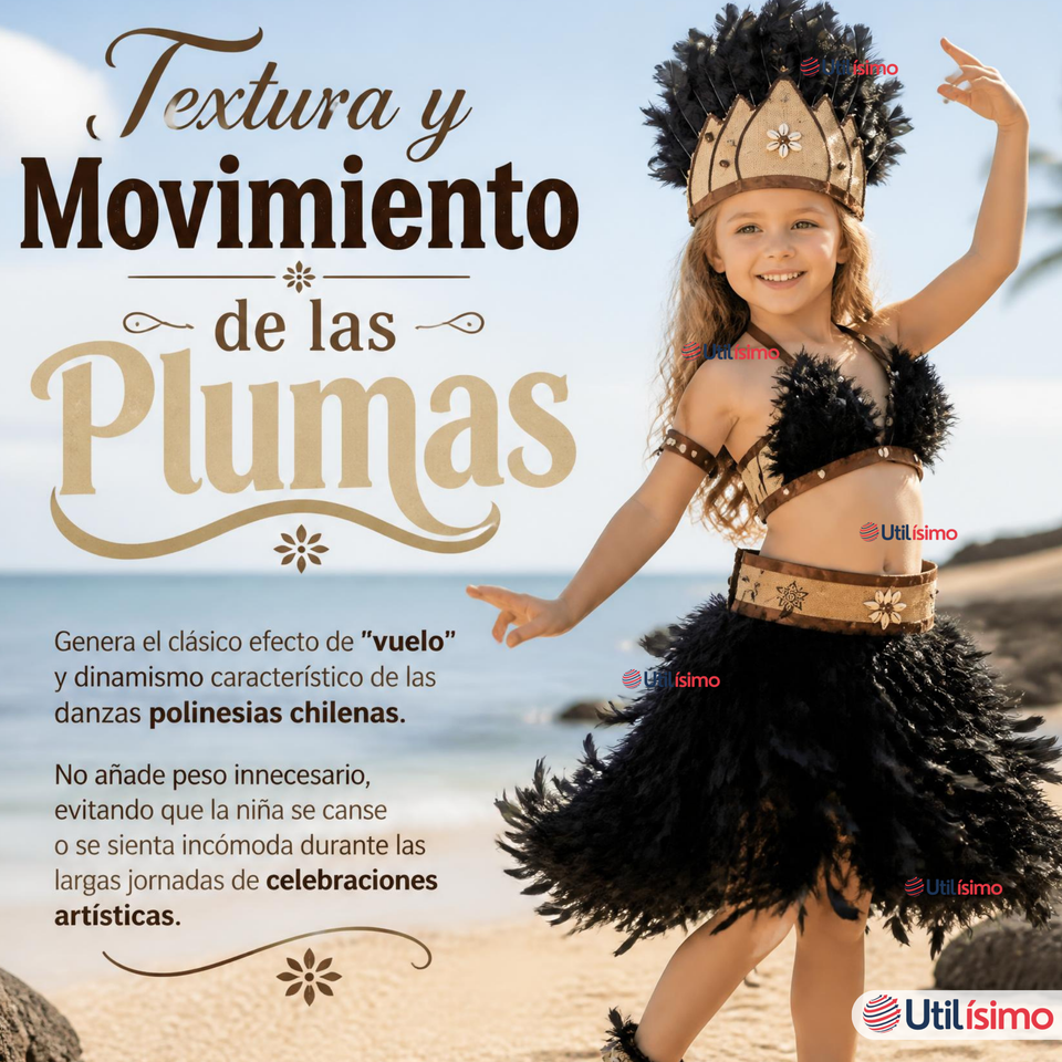 Traje Pascuense Típico Negro Con Plumas 3 Piezas Niña Rapa Nui Fiestas Patrias