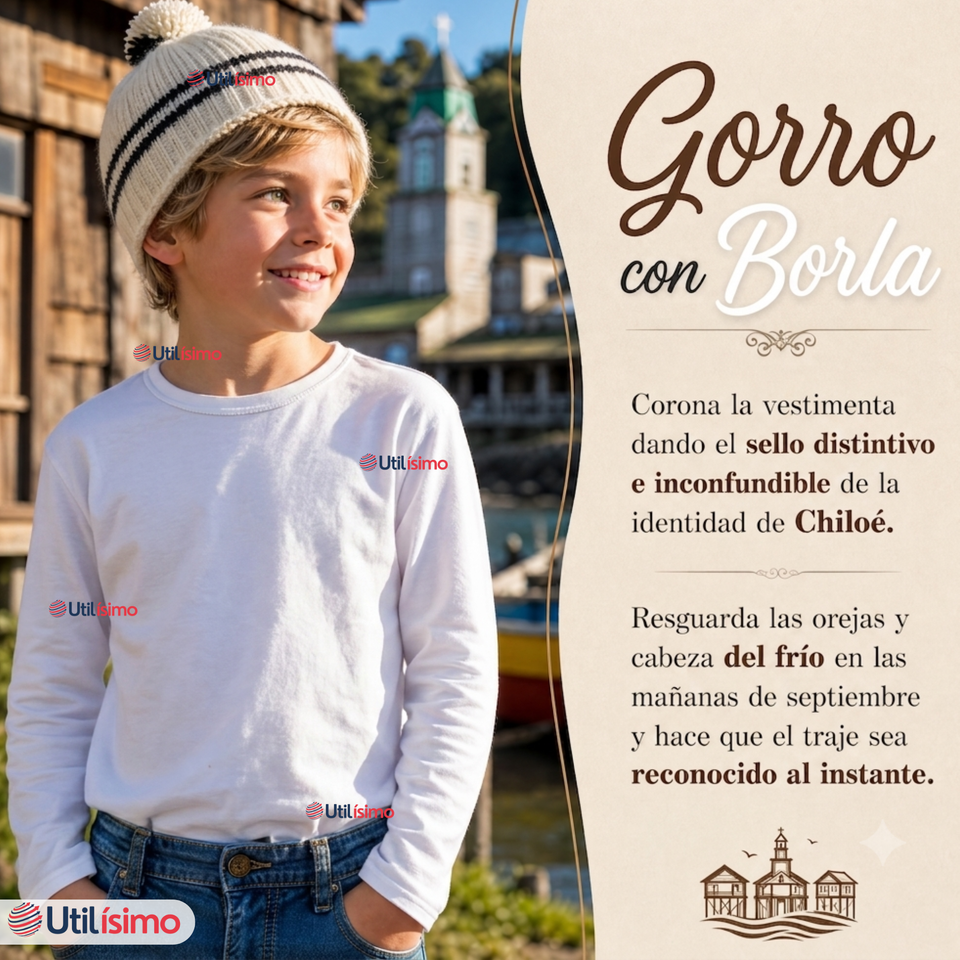 Vestimenta Chilote 3 Piezas Chaleco Gorro Polainas Niño Fiestas Patrias