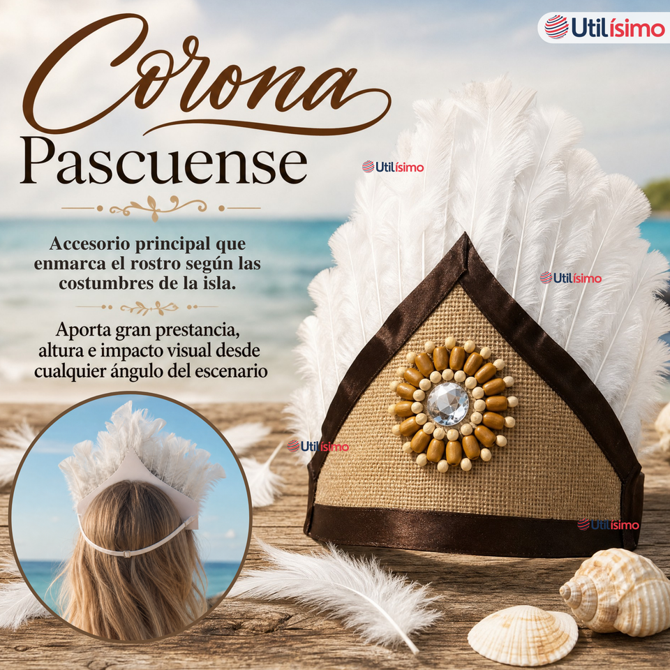 Traje Pascuense Típico Blanco Con Plumas 3 Piezas Juvenil Rapa Nui Fiestas Patrias
