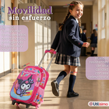 Mochila Escolar Kuromi 3D Con Ruedas Desmontable + Estuche + Lonchera Poliéster Rosa Niña