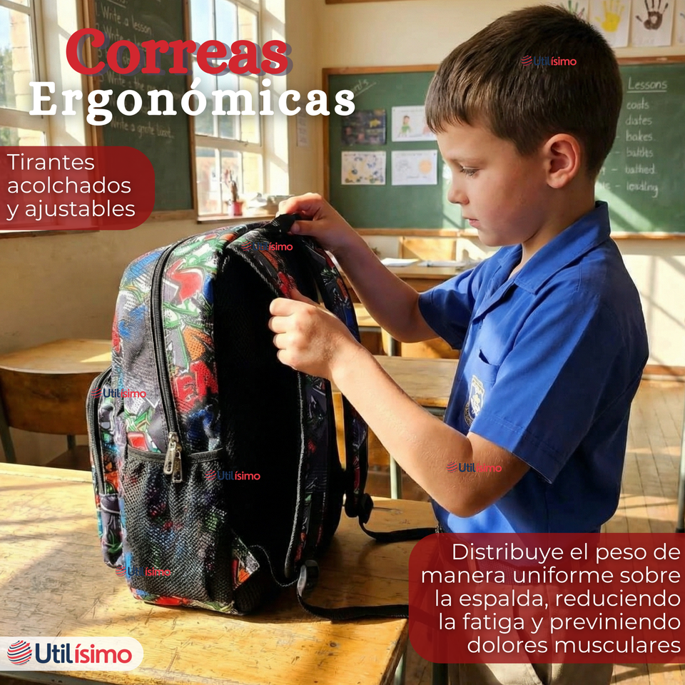 Mochila Escolar Con Estuche 43cm Tela Oxford Impermeable Niño
