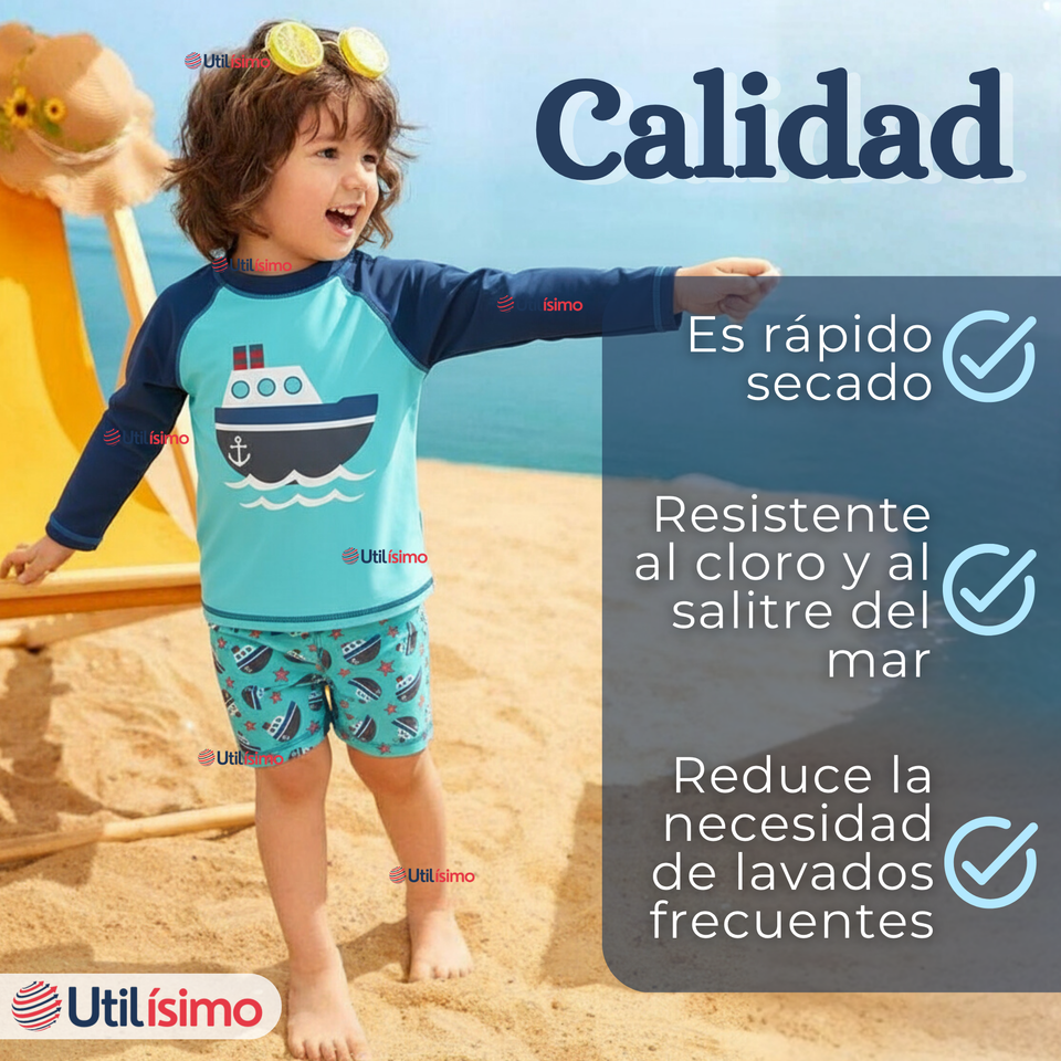 Traje de Baño Manga Larga Pantalón Corto 2 Piezas Corte Split Niño 3 a 9 años Blue Boat