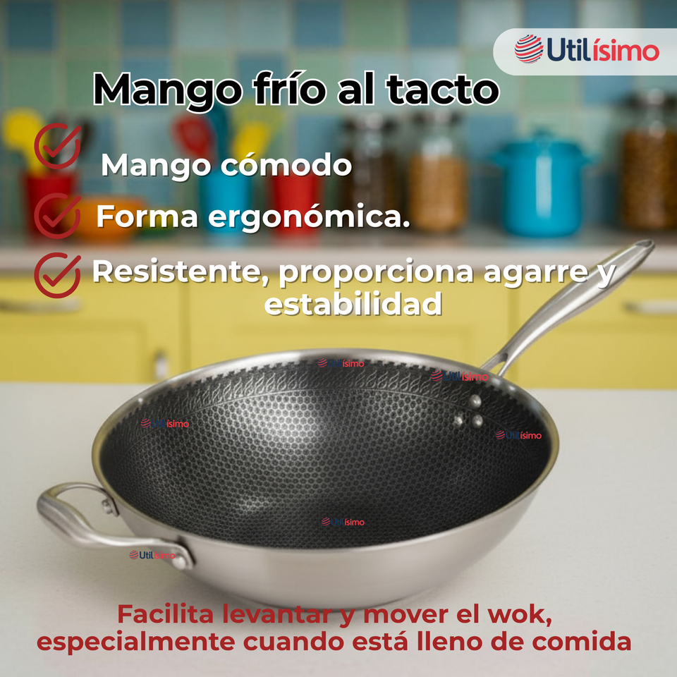 Sartén Wok Acero Inoxidable Antiadherente 34cm +Cuchara de Madera Bambú