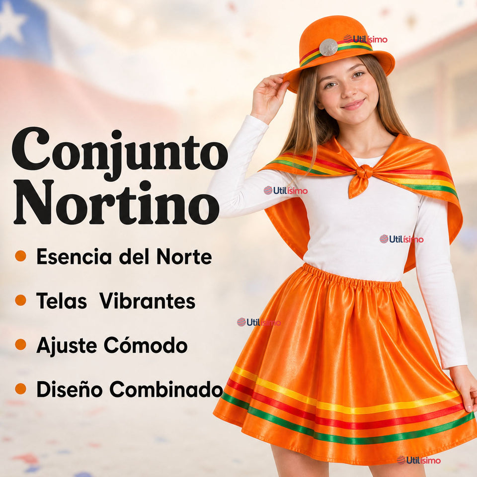 Traje Nortino Juvenil Con Polera 4 Piezas Naranja Baile Típico Fiestas Patrias