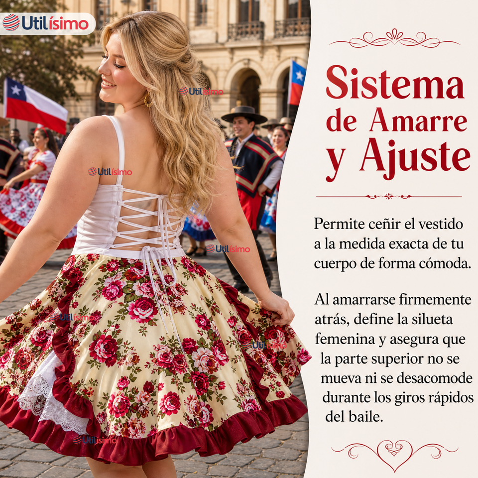 Vestido Chinita Huasa Mujer 2 Piezas Burdeo Floreado Cueca Fiestas Patrias