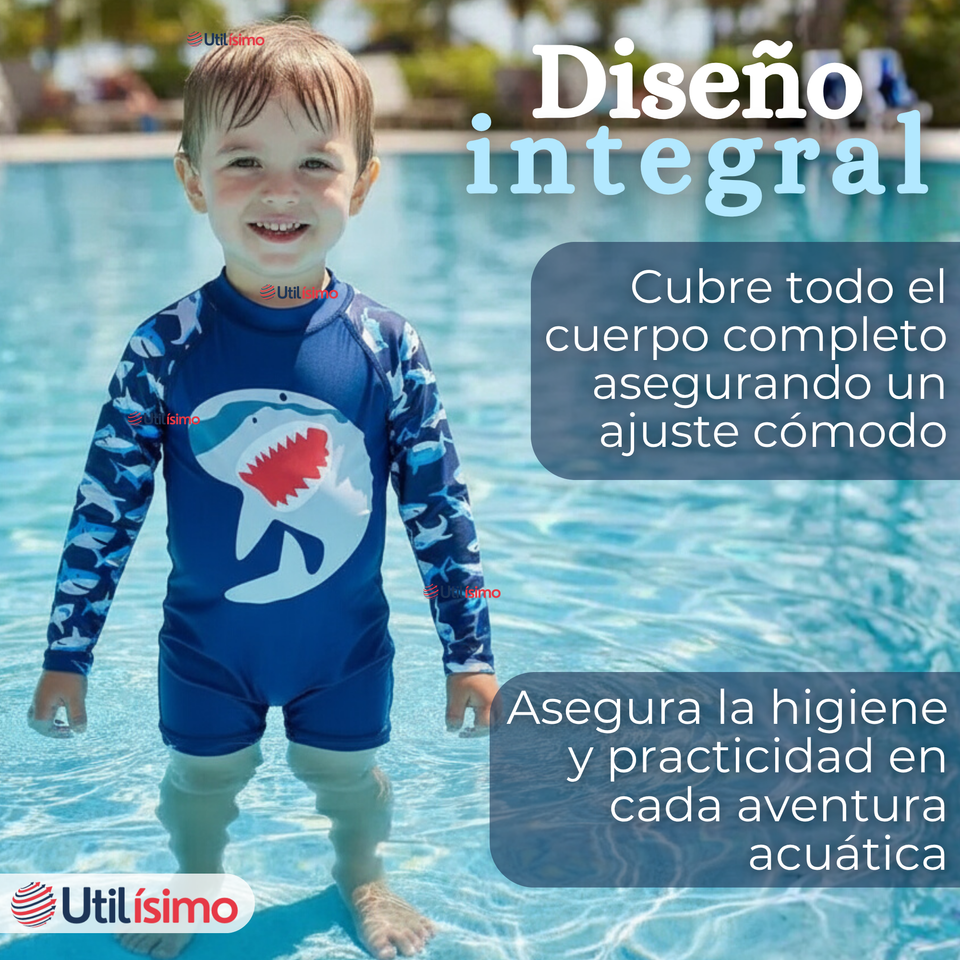 Traje de Baño Enterito Con Cremallera Manga Larga Niño 2 a 6 años Blue Shark