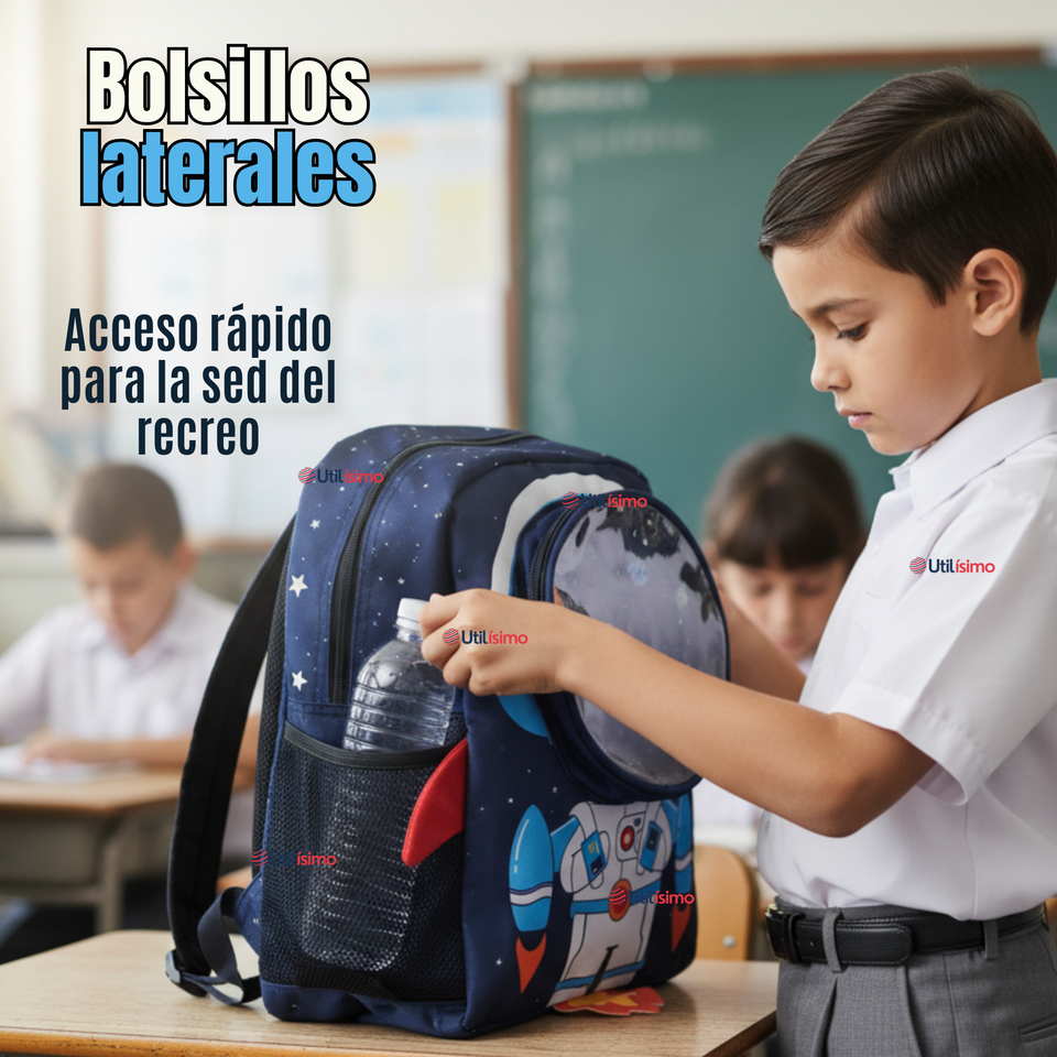 Mochila Escolar Con Estuche 33cm Poliéster Impermeable Astronauta Niño