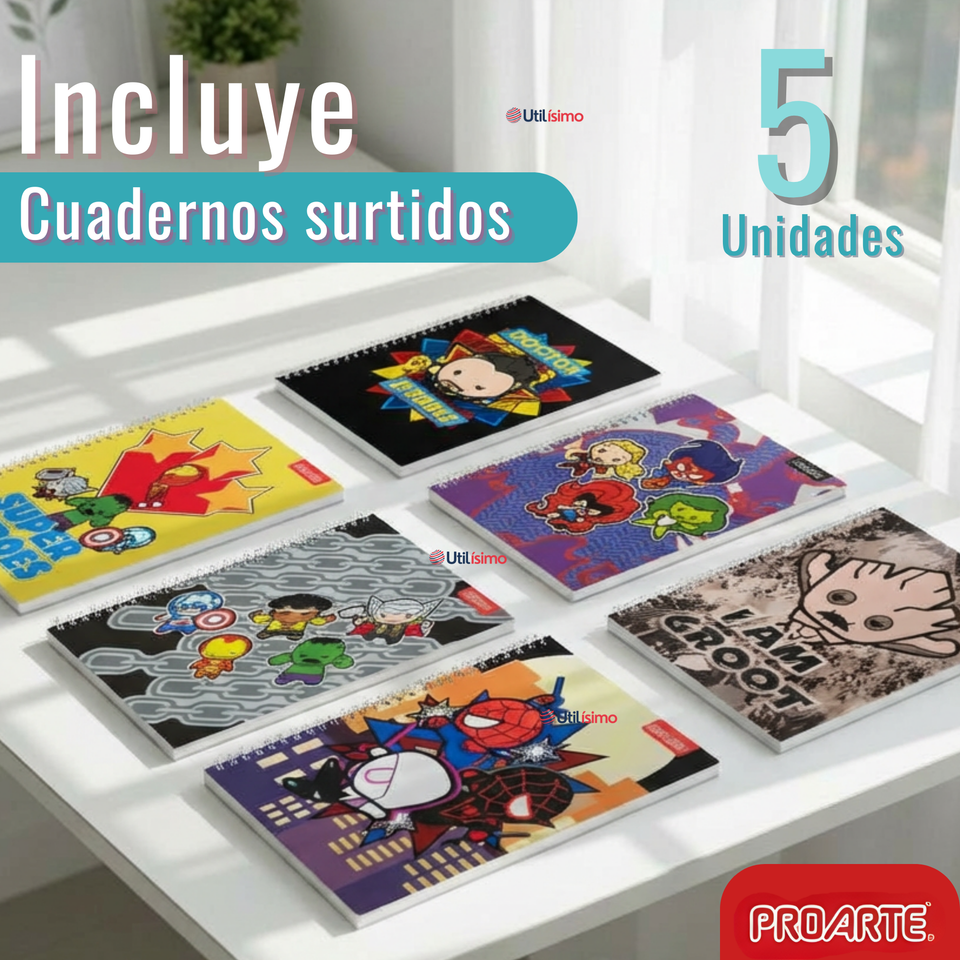 Pack 5 Cuadernos Universitarios Marvel Heroes 100 Hojas Proarte Diseño Surtido