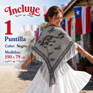Puntilla Chal Negro Baile Chilote Mujer Traje Típico 150x79 cm