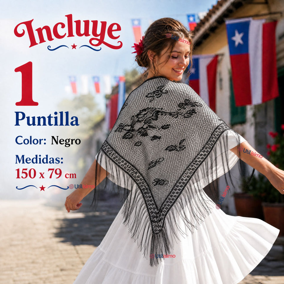 Puntilla Chal Negro Baile Chilote Mujer Traje Típico 150x79 cm