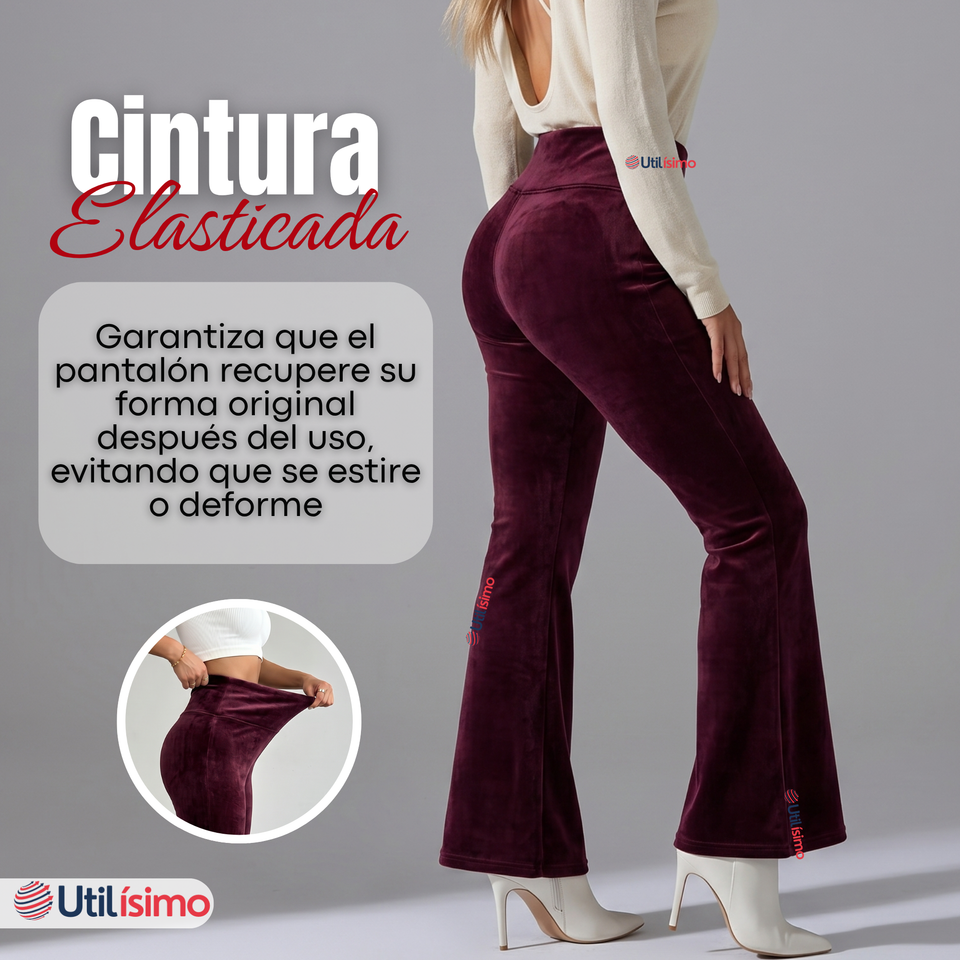 Pantalón Cotelé Palazzo Polar Con Chiporro Elasticado Térmico Burdeo