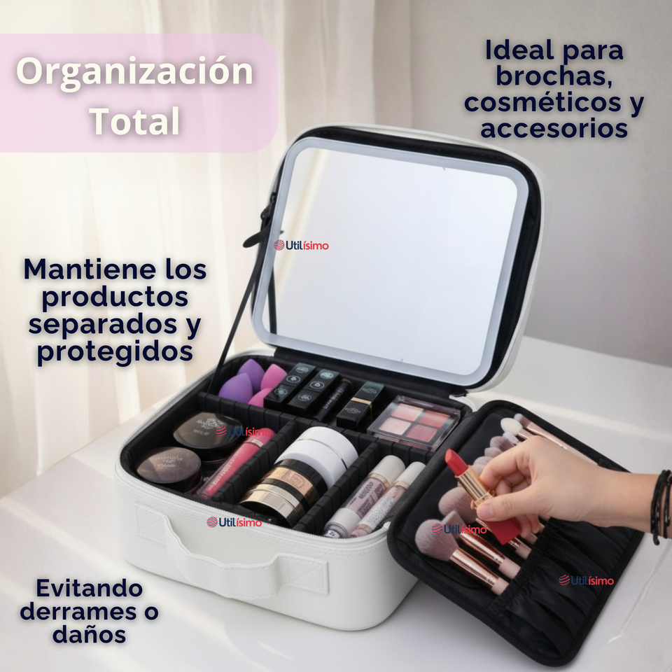 Estuche Maquillaje 2 en 1 Bolso Cosmetiquero Espejo Con Luz Led Organizador