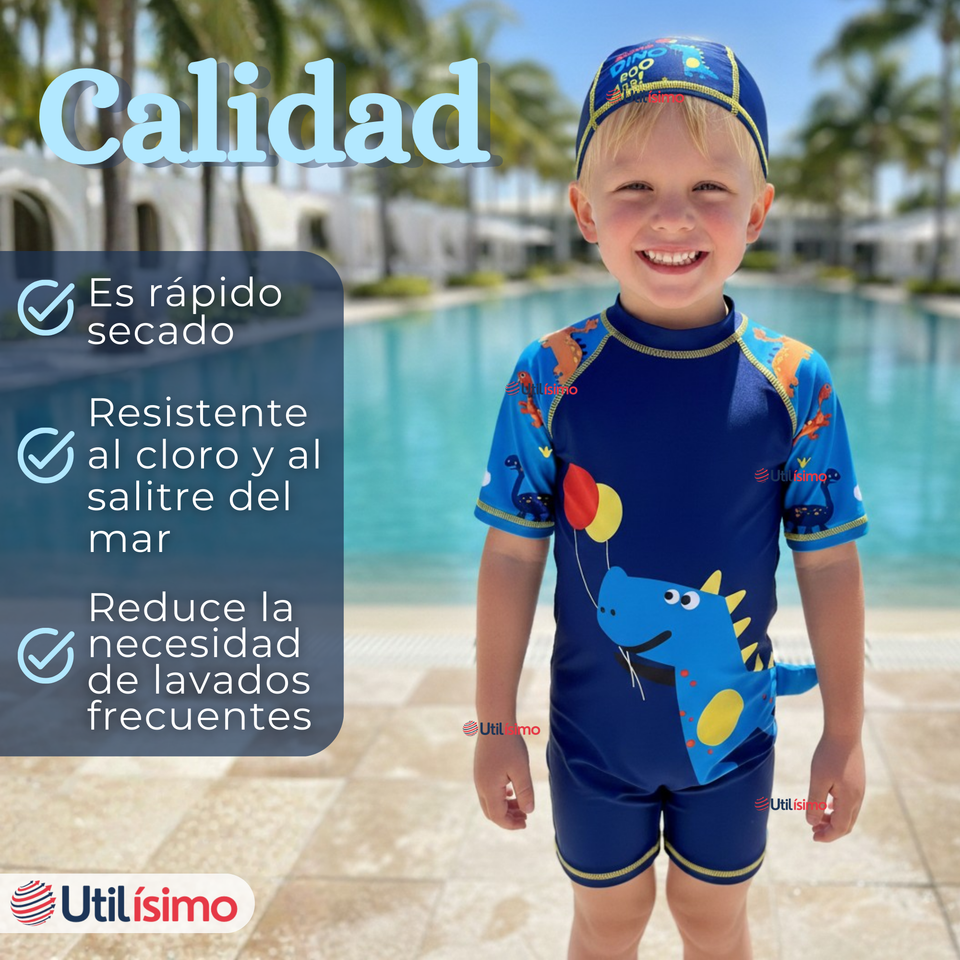 Traje de Baño Enterito Cremallera Manga Corta Con Gorro Niño 2 a 4 años Blue Dinosaur