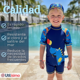 Traje de Baño Enterito Cremallera Manga Corta Con Gorro Niño 2 a 4 años Blue Dinosaur