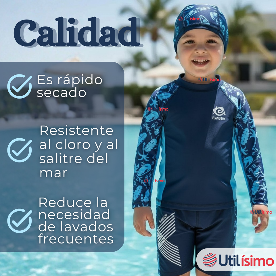 Traje de Baño Con Gorro Pantalón Corto Manga Larga 3 Piezas Corte Split Niño 2 a 8 años Blue