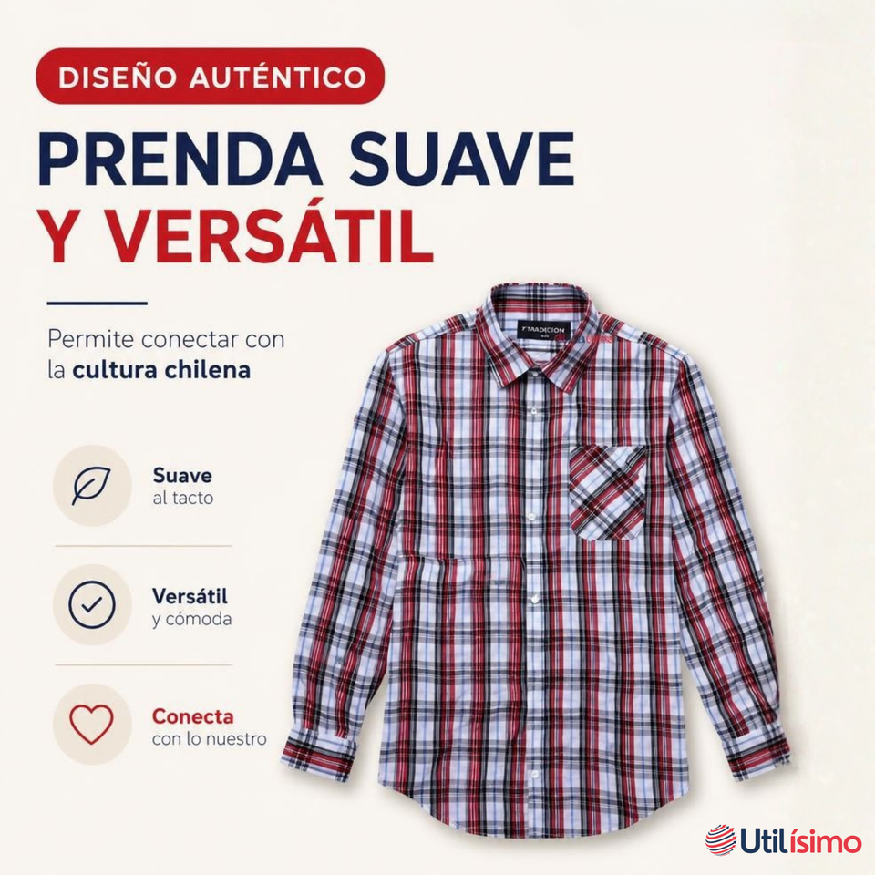 Camisa Huaso Cuadrillé Cuadro Manga Larga 100% Algodón Azul Blanco Casual