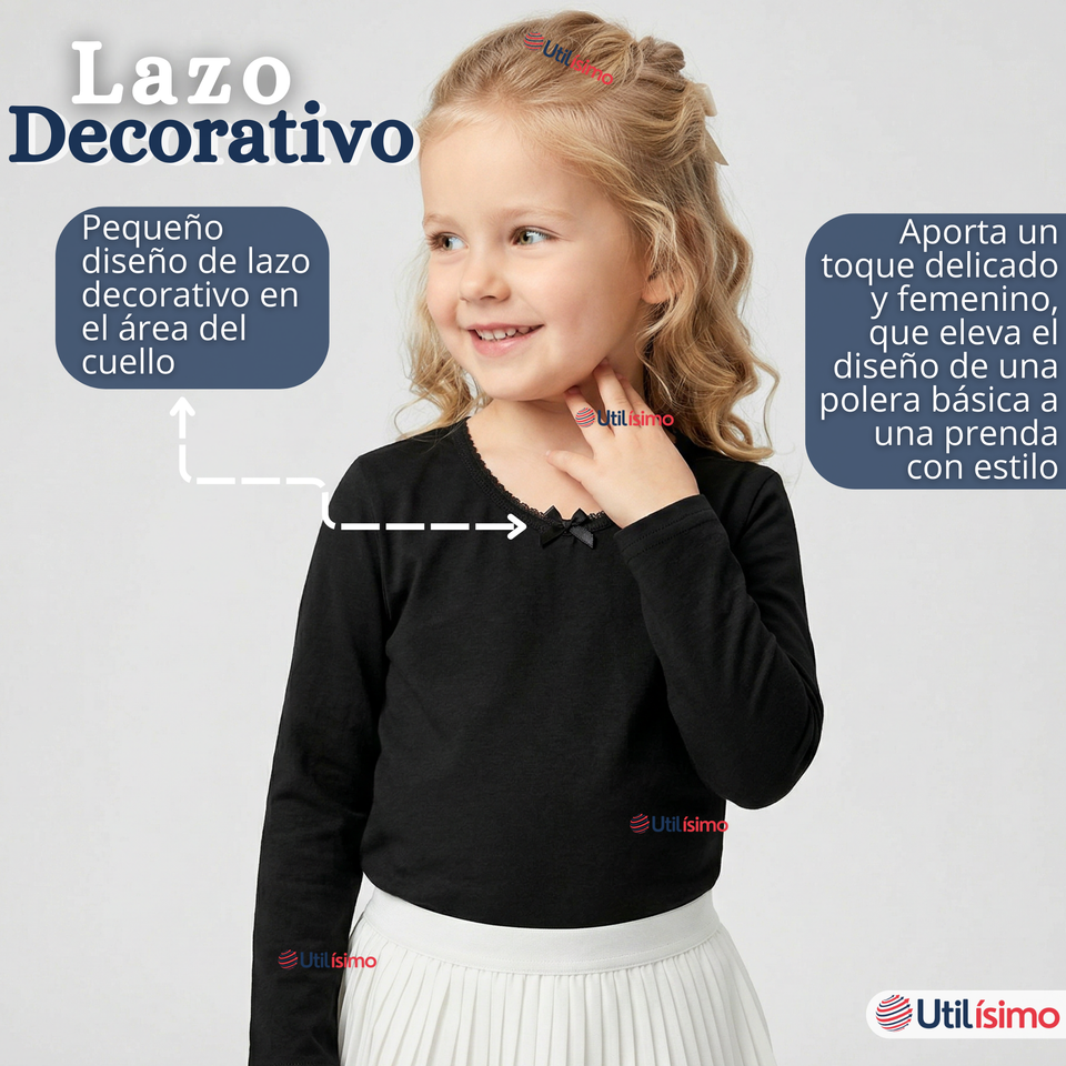 Pack 3 Camisetas Poleras Algodón Cuello Redondo Negra Primera Capa Manga Larga Niña