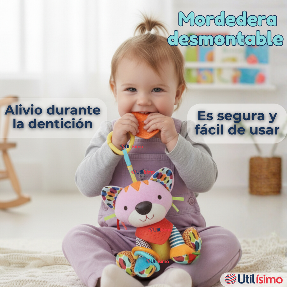 Juguete Peluche Animales Sensorial Con Mordedor Y Sonajero Diseño Gatico Niña y Niño