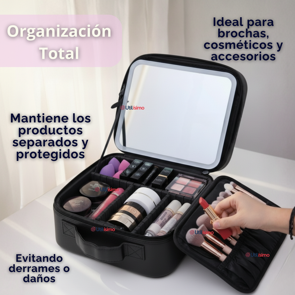 Estuche Maquillaje 2 en 1 Bolso Cosmetiquero Espejo Con Luz Led Organizador