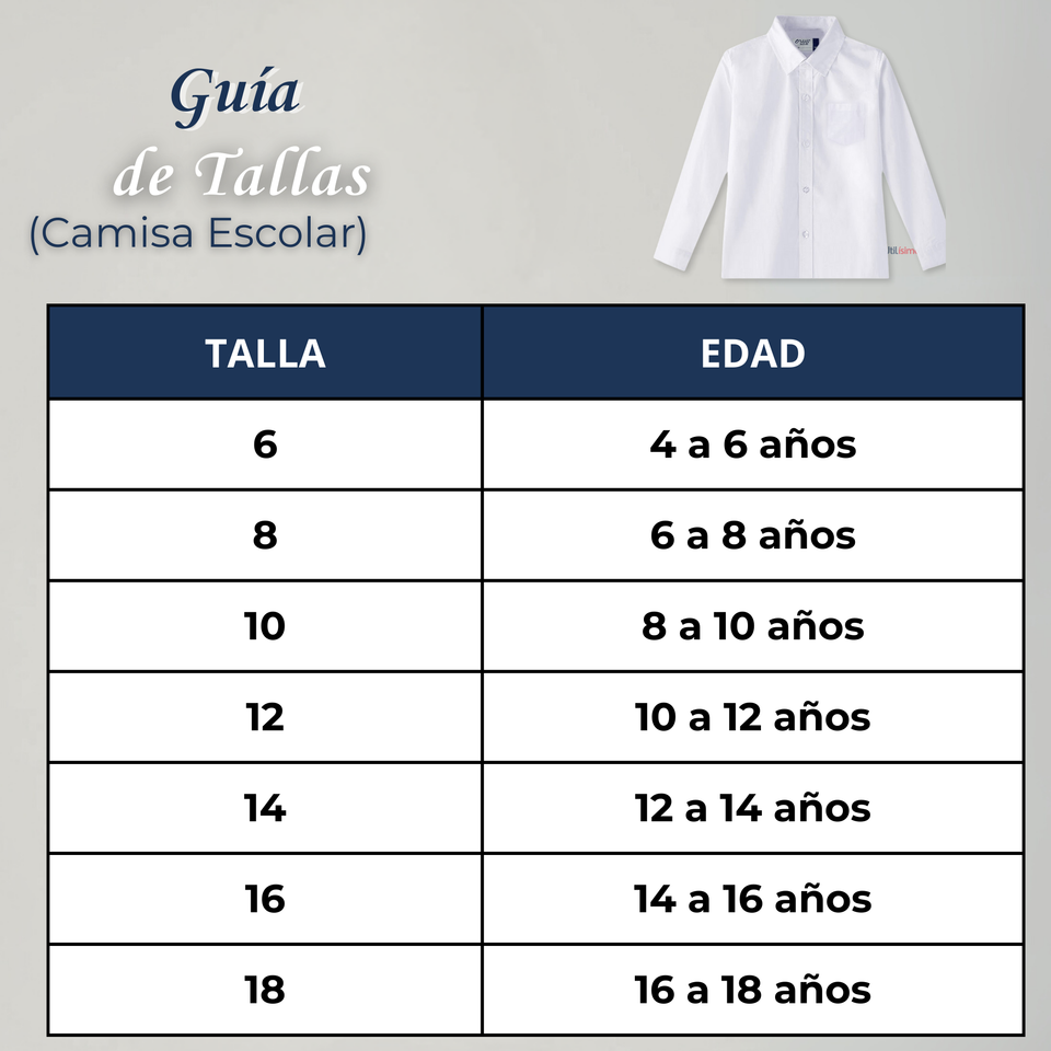 Camisa Colegio Escolar Manga Larga Niños y Juvenil