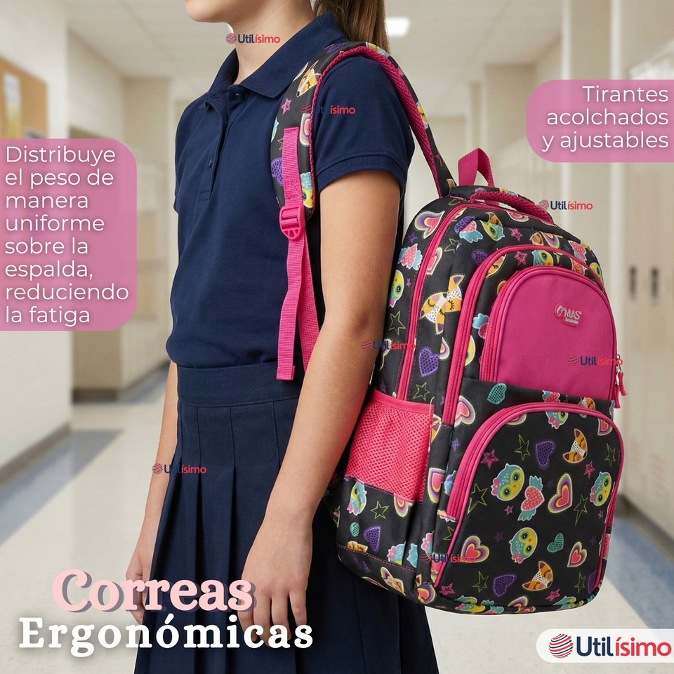 Mochila Escolar + Estuche + Lonchera 43cm Tela Oxford Negro Corazones Niña