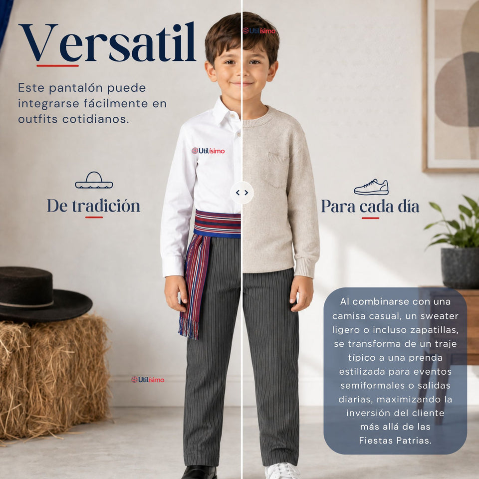 Pantalón Huaso Gris Diseño Líneas Niño Vestuario Típico Fiestas Patrias