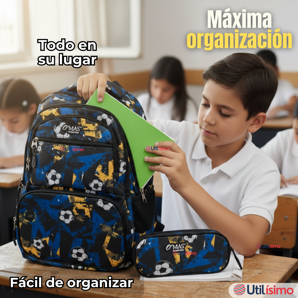 Mochila Escolar Kit Con Estuche y Lonchera 45cm Tela Oxford Futbol Niño