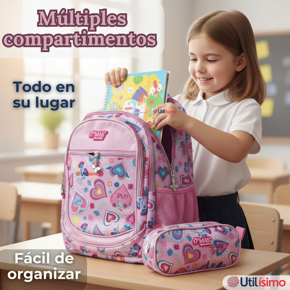 Mochila Escolar Con Estuche 36cm Tela Oxford Impermeable Niña