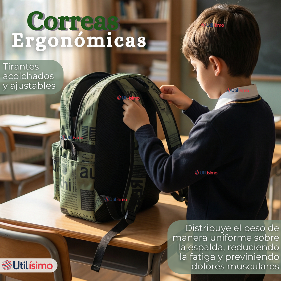 Mochila Escolar + Estuche + Lonchera 49cm Tela Oxford Verde Militar Niño