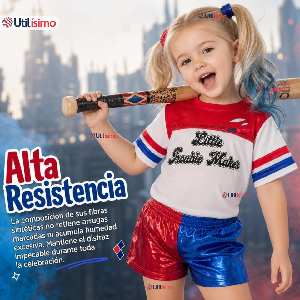 Disfraz Harley Quinn Azul y Rojo Metalizado Cosplay Niña