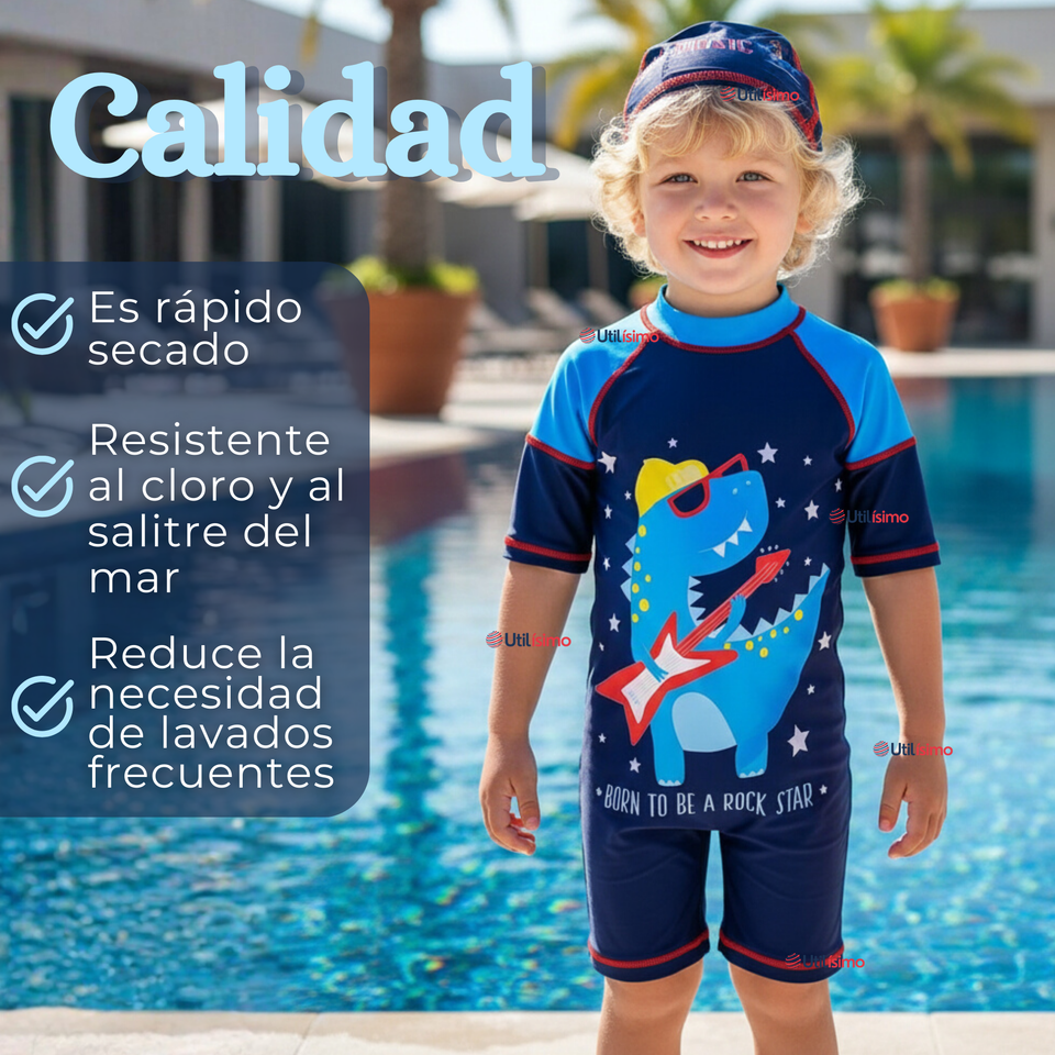 Traje de Baño Enterito Cremallera Manga Corta Con Gorro Niño 2 a 4 años Blue Dinosaur