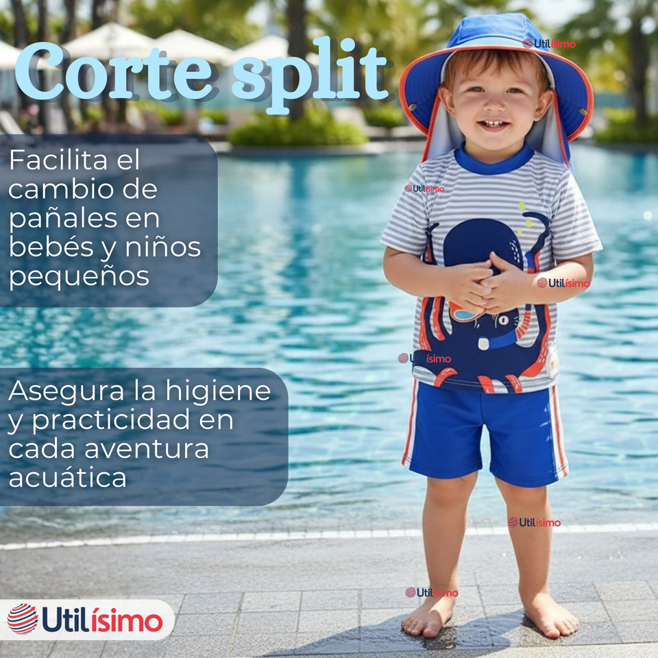 Traje de Baño Con Gorro Pantalón Corto Manga Corta 3 Piezas Corte Split Niño 1 a 5 años Blue Octopus