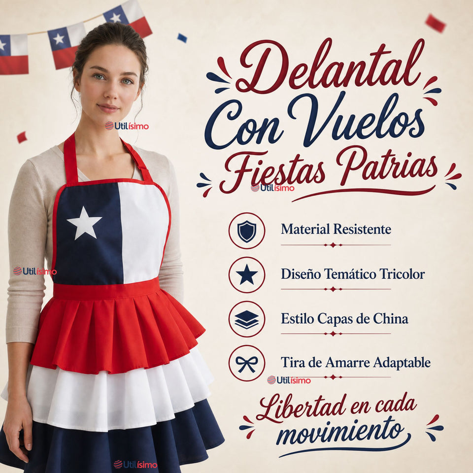 Pack 3 Delantales Diseño Tricolor Con Vuelos Mujer Fiestas Patria