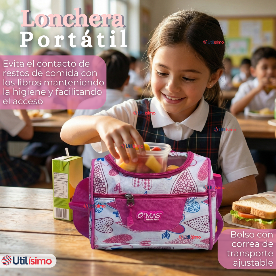 Mochila Escolar + Estuche + Lonchera 43cm Tela Oxford Rosa Corazones Niña