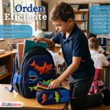 Mochila Escolar Con Ruedas + Estuche + Lonchera 46cm Desmontable Poliéster Azul Tiburón Niño