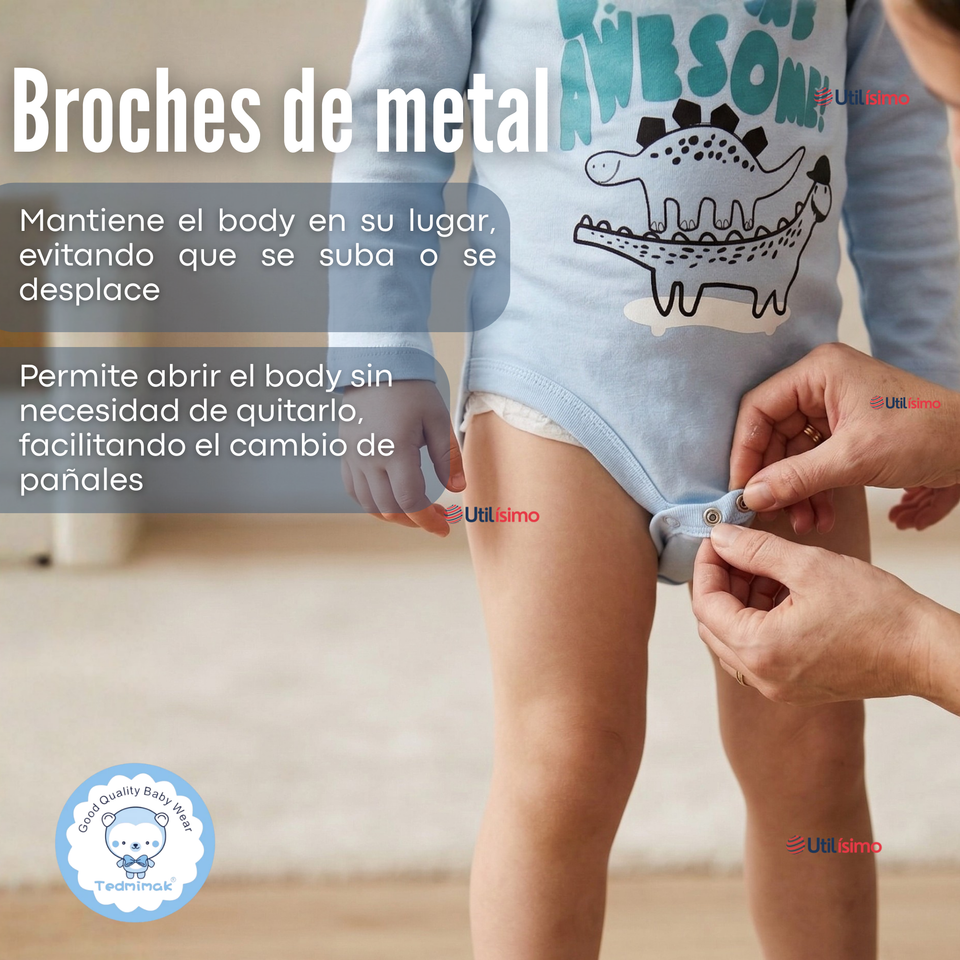 Pack 5 Bodys Manga Larga 100% Algodón Bebé Niño Dino Aventure